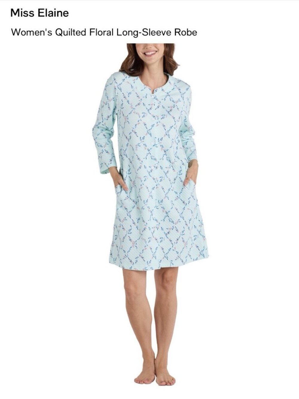 Miss Elaine Womens Snap Front Quilted Cotton Blue Floral Robe Gown L Large NEW